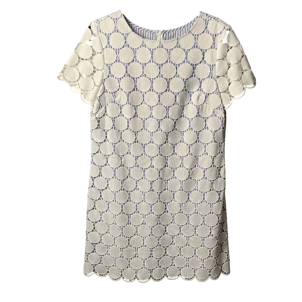 Jude Connally White Preppy Lace Striped Shift Dress Scallop Hem Blue White L